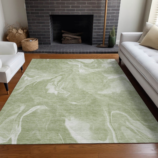 HomeRoots 8' X 10' Artichoke Green & Ivory Abstract Washable Area Rug - UV Protected, Easy Care, Stylish Design 665817