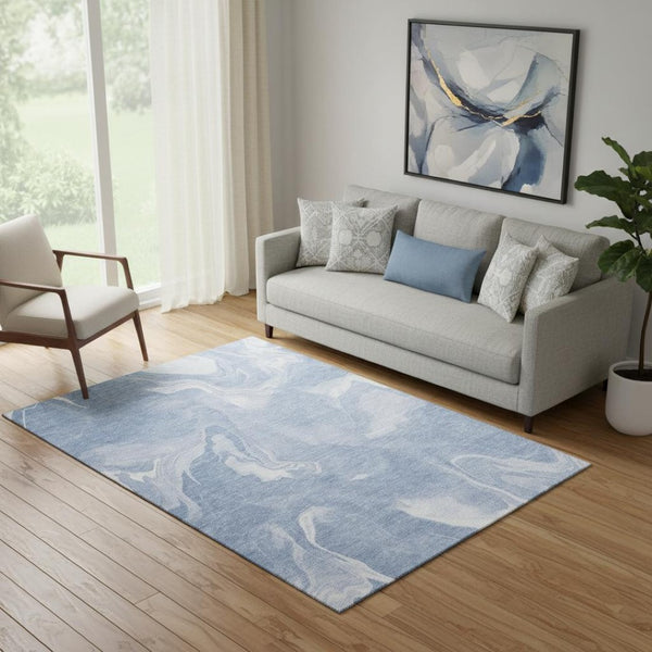 HomeRoots 5' X 8' Blue & Ivory Abstract Area Rug – Washable, UV Protected, Durable & Stylish for Every Room 665821