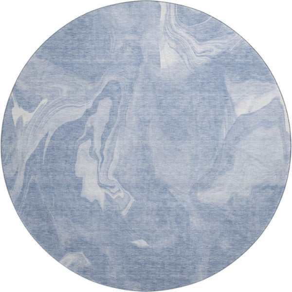HomeRoots 8' Blue And Ivory Abstract Round Rug - Washable, UV-Protected, Stain-Resistant for High-Traffic Areas 665822