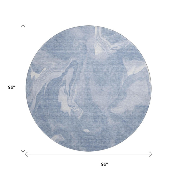 HomeRoots 8' Blue And Ivory Abstract Round Rug - Washable, UV-Protected, Stain-Resistant for High-Traffic Areas 665822