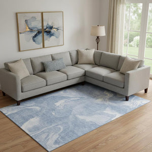 HomeRoots 10' X 14' Blue and Ivory Abstract Area Rug - Washable, UV-Protected, Modern Design for Busy Homes 665825