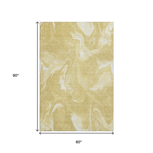 HomeRoots 5' X 8' Gold and Ivory Abstract Washable Area Rug – Stylish, Durable, UV-Protected for Busy Homes! 665833