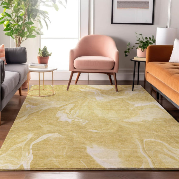 HomeRoots 5' X 8' Gold and Ivory Abstract Washable Area Rug – Stylish, Durable, UV-Protected for Busy Homes! 665833