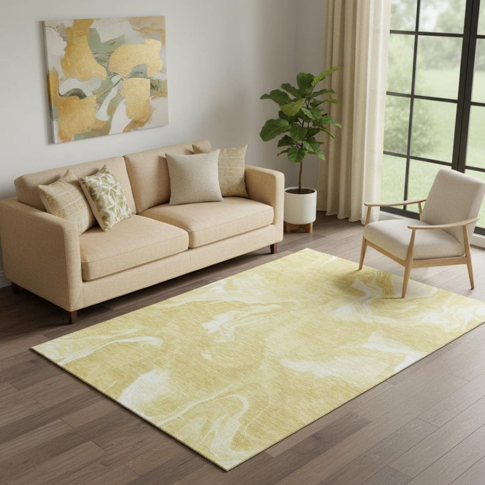 HomeRoots 5' X 8' Gold and Ivory Abstract Washable Area Rug – Stylish, Durable, UV-Protected for Busy Homes! 665833