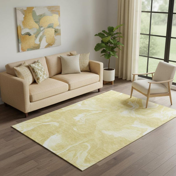 HomeRoots 5' X 8' Gold and Ivory Abstract Washable Area Rug – Stylish, Durable, UV-Protected for Busy Homes! 665833