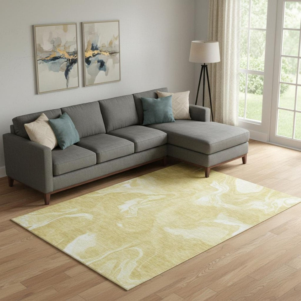 HomeRoots 8' X 10' Gold And Ivory Abstract Washable Area Rug – Stylish, Durable, UV-Protected for High-Traffic Spaces 665835