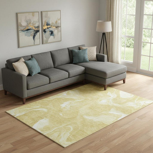 HomeRoots 8' X 10' Gold And Ivory Abstract Washable Area Rug – Stylish, Durable, UV-Protected for High-Traffic Spaces 665835
