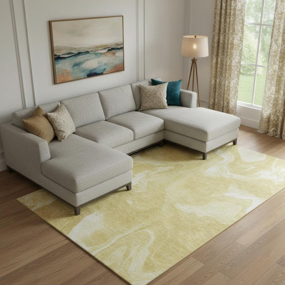 HomeRoots 10' X 14' Gold And Ivory Abstract Area Rug - Washable, Stain Resistant & UV Protected for Homes 665837