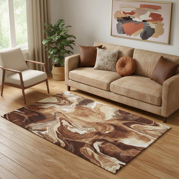 HomeRoots 5' X 8' Modern Abstract Area Rug in Rust, Ivory & Beige - Washable, UV Protected, Durable Design 665839