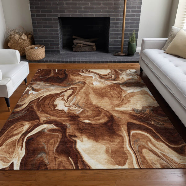 HomeRoots 5' X 8' Modern Abstract Area Rug in Rust, Ivory & Beige - Washable, UV Protected, Durable Design 665839