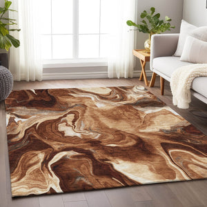 HomeRoots 5' X 8' Modern Abstract Area Rug in Rust, Ivory & Beige - Washable, UV Protected, Durable Design 665839
