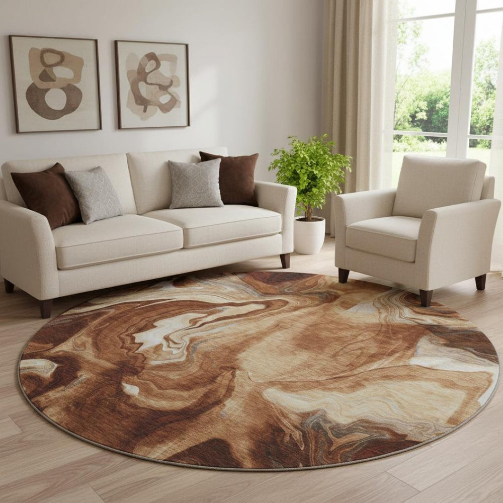 HomeRoots 8' Modern Abstract Rust, Ivory & Beige Washable Round Rug with UV Protection for Daily Living 665840