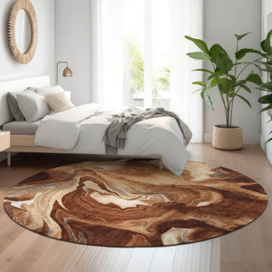 HomeRoots 8' Modern Abstract Rust, Ivory & Beige Washable Round Rug with UV Protection for Daily Living 665840