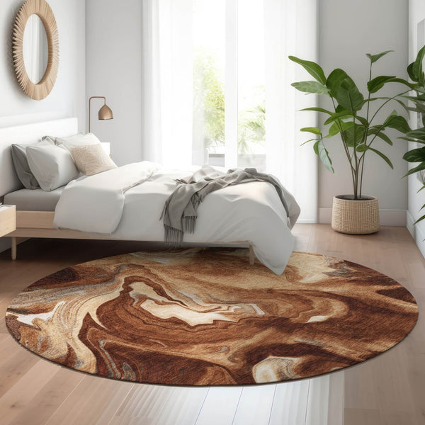 HomeRoots 8' Modern Abstract Rust, Ivory & Beige Washable Round Rug with UV Protection for Daily Living 665840