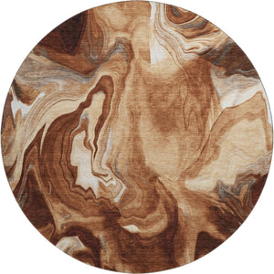 HomeRoots 8' Modern Abstract Rust, Ivory & Beige Washable Round Rug with UV Protection for Daily Living 665840