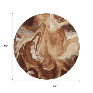 HomeRoots 8' Modern Abstract Rust, Ivory & Beige Washable Round Rug with UV Protection for Daily Living 665840
