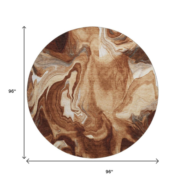 HomeRoots 8' Modern Abstract Rust, Ivory & Beige Washable Round Rug with UV Protection for Daily Living 665840