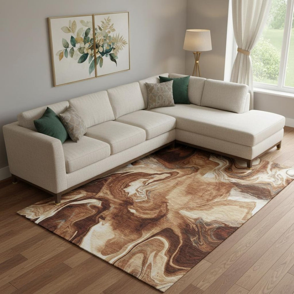 HomeRoots 8' X 10' Stylish Abstract Area Rug in Rust, Ivory & Beige - Washable, UV-Protected, Family-Friendly Design 665841