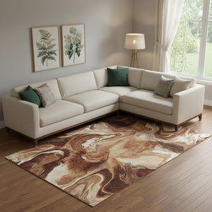 HomeRoots 10' X 14' Modern Abstract Washable Area Rug in Rust, Ivory & Beige with Stain Resistance & UV Protection 665843
