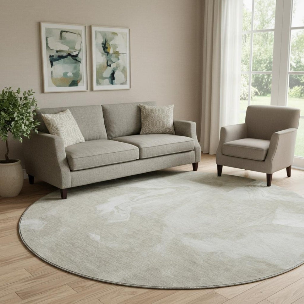 HomeRoots 8' Taupe and Ivory Abstract Round Rug - Washable, UV Protected, Durable Design for Modern Homes 665846