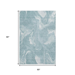 HomeRoots 5' X 8' Teal & Ivory Abstract Area Rug - Washable, UV-Protected, Stylish & Durable for Any Home 665851