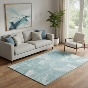 HomeRoots 5' X 8' Teal & Ivory Abstract Area Rug - Washable, UV-Protected, Stylish & Durable for Any Home 665851
