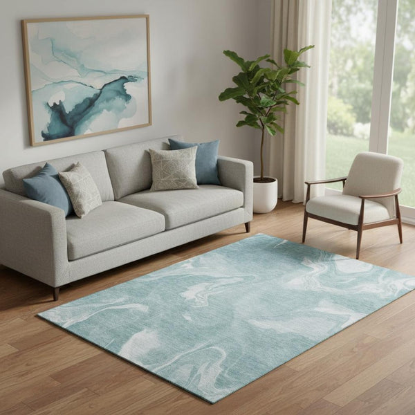 HomeRoots 5' X 8' Teal & Ivory Abstract Area Rug - Washable, UV-Protected, Stylish & Durable for Any Home 665851