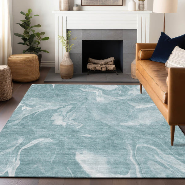 HomeRoots 5' X 8' Teal & Ivory Abstract Area Rug - Washable, UV-Protected, Stylish & Durable for Any Home 665851