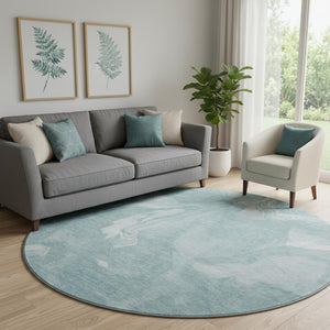 HomeRoots 8' Teal And Ivory Abstract Round Rug - Washable, UV Protected, Durable Design for High-Traffic Areas 665852