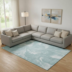 HomeRoots 8' X 10' Teal and Ivory Abstract Area Rug - Washable, UV-Protected, Stylish, Durable for High-Traffic Spaces 665853