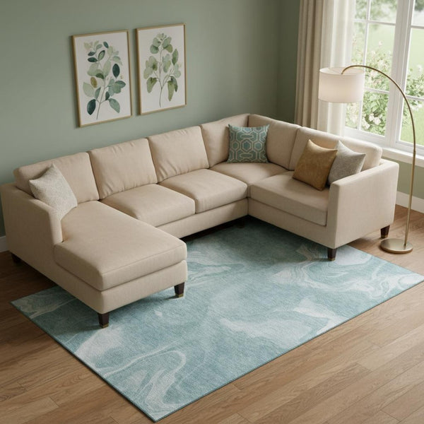 HomeRoots 9' X 12' Teal And Ivory Abstract Area Rug – Modern, Washable, UV-Protected, Perfect for Any Space! 665854