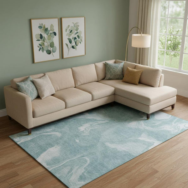 HomeRoots 10' Teal and Ivory Abstract Area Rug - Durable, Washable, UV-Protected for High-Traffic Homes! 665855