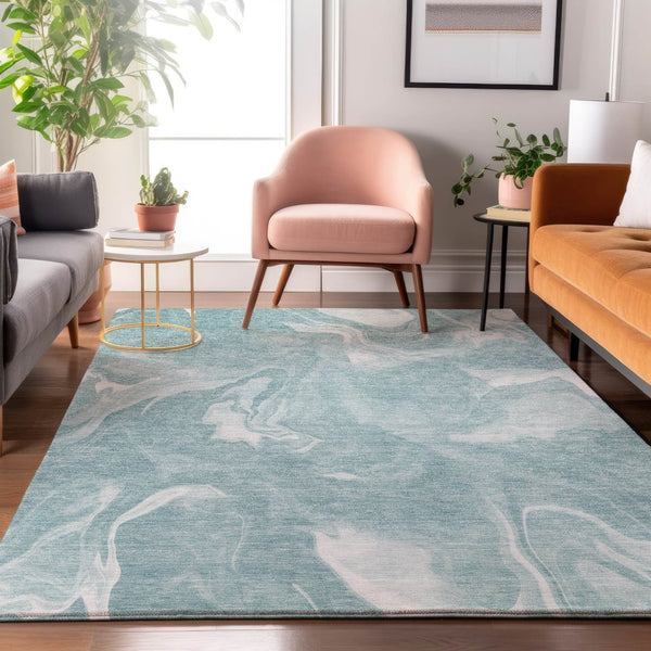 HomeRoots 10' Teal and Ivory Abstract Area Rug - Durable, Washable, UV-Protected for High-Traffic Homes! 665855