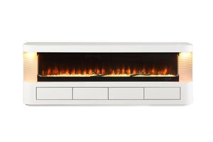 English Elm Contemporary TV Stand with Built-In Electric Fireplace, Heater, Glass Shelves & Modern Mixed-Material Finish White 75 L x 20 W x 33 H B2741P398851