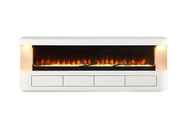 English Elm Contemporary TV Stand with Built-In Electric Fireplace, Heater, Glass Shelves & Modern Mixed-Material Finish White 75 L x 20 W x 33 H B2741P398851