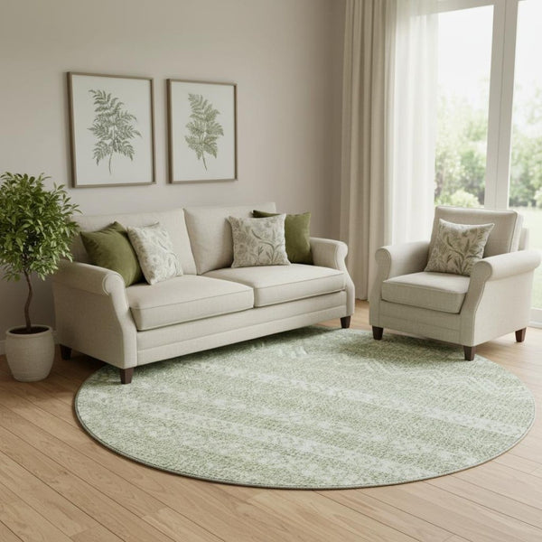 HomeRoots 8' Artichoke Green & Ivory Southwestern Washable Round Rug - Durable, Stain Resistant & UV Protected 665858