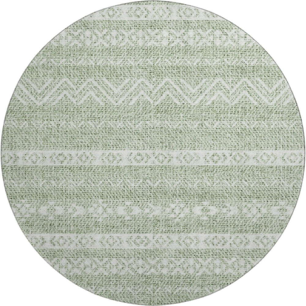 HomeRoots 8' Artichoke Green & Ivory Southwestern Washable Round Rug - Durable, Stain Resistant & UV Protected 665858