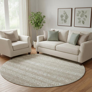 HomeRoots 8' Beige and Ivory Southwestern Washable Round Rug - Durable, UV-Protected, Easy-Care Design for Homes 665864