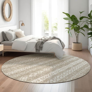 HomeRoots 8' Beige and Ivory Southwestern Washable Round Rug - Durable, UV-Protected, Easy-Care Design for Homes 665864