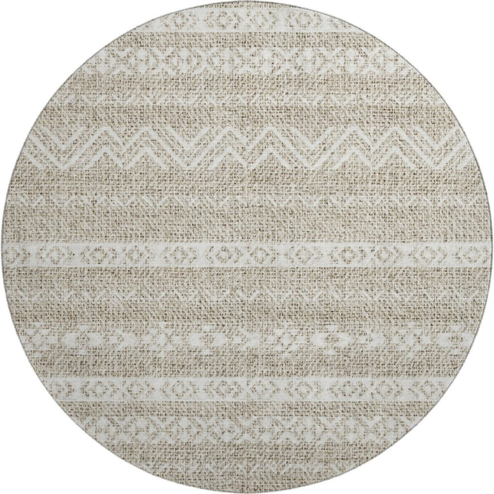 HomeRoots 8' Beige and Ivory Southwestern Washable Round Rug - Durable, UV-Protected, Easy-Care Design for Homes 665864