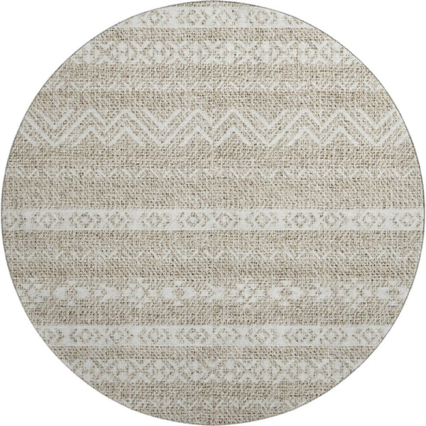 HomeRoots 8' Beige and Ivory Southwestern Washable Round Rug - Durable, UV-Protected, Easy-Care Design for Homes 665864