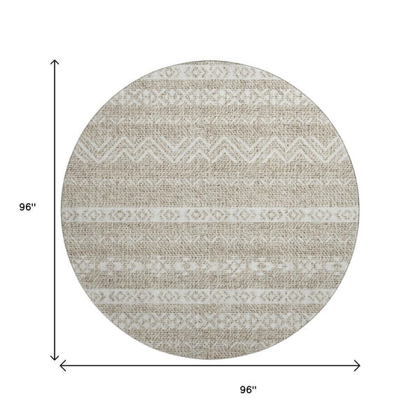 HomeRoots 8' Beige and Ivory Southwestern Washable Round Rug - Durable, UV-Protected, Easy-Care Design for Homes 665864