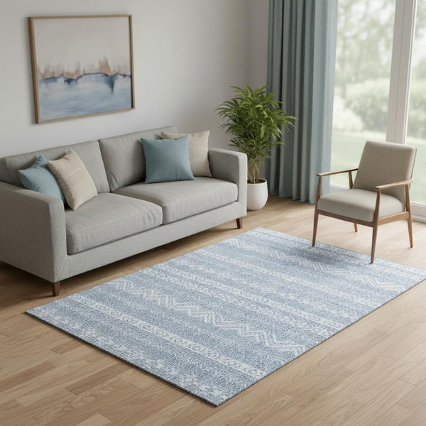 HomeRoots 5' X 8' Blue and Ivory Southwestern Area Rug – Washable, UV Protected, Stain-Resistant, Stylish Design 665869
