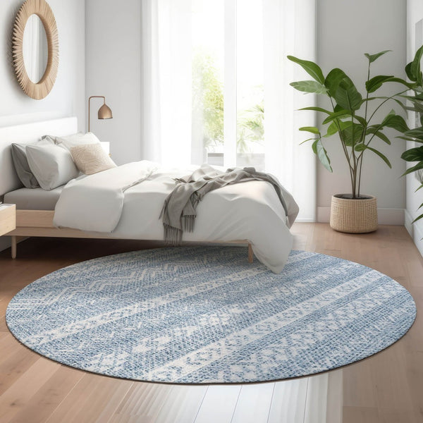 HomeRoots 8' Blue And Ivory Southwestern Round Rug – Washable, Durable, UV-Protected for Indoor & Outdoor Use 665870