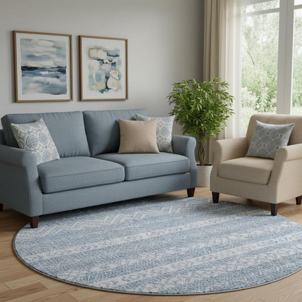 HomeRoots 8' Blue And Ivory Southwestern Round Rug – Washable, Durable, UV-Protected for Indoor & Outdoor Use 665870