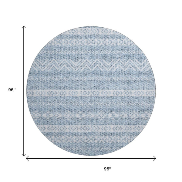 HomeRoots 8' Blue And Ivory Southwestern Round Rug – Washable, Durable, UV-Protected for Indoor & Outdoor Use 665870