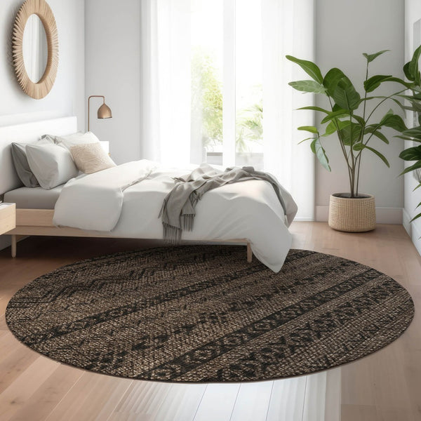 HomeRoots 8' Chocolate and Gray Southwestern Washable Round Rug - UV Protected, Stain-Resistant for Easy Care 665882