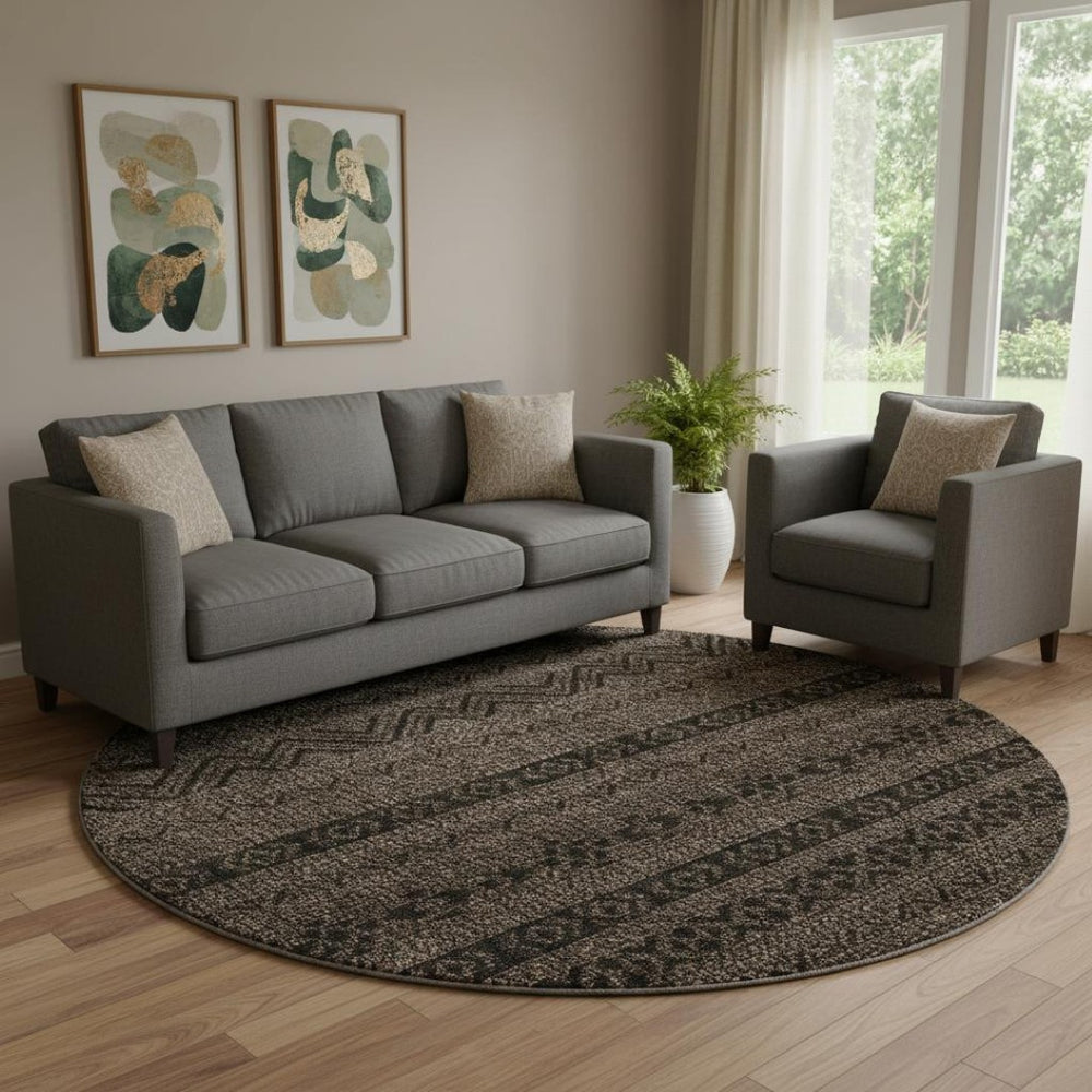 HomeRoots 8' Chocolate and Gray Southwestern Washable Round Rug - UV Protected, Stain-Resistant for Easy Care 665882