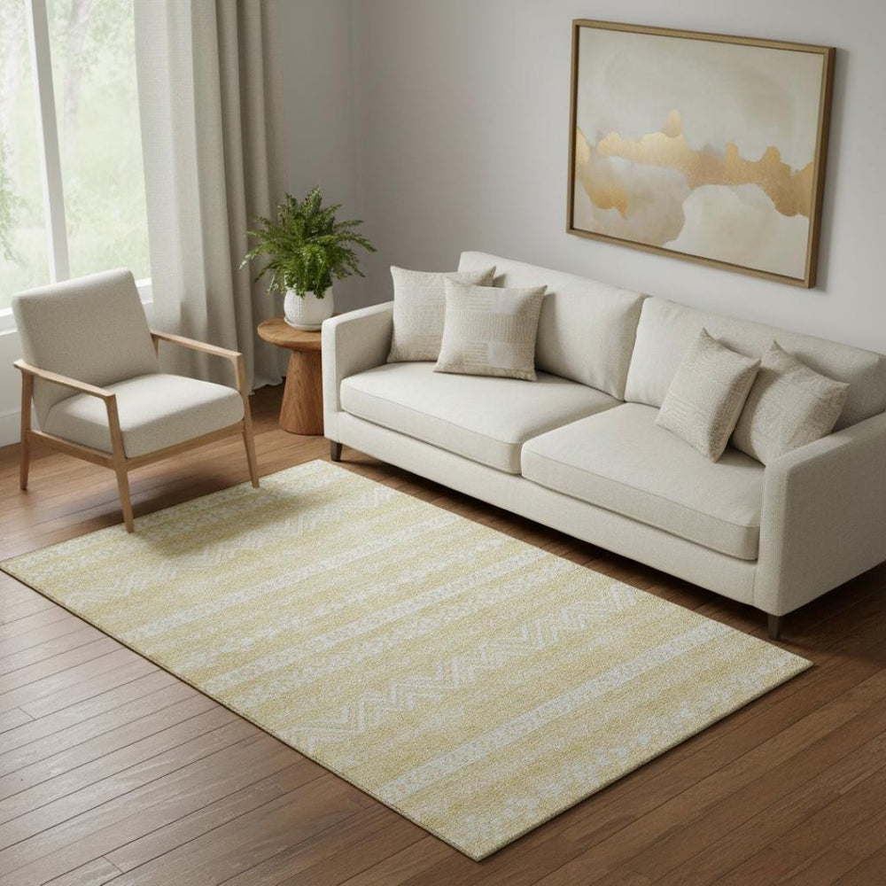 HomeRoots 5' X 8' Southwestern Washable Area Rug – Gold & Beige Geometric Design with UV Protection & Durability 665887