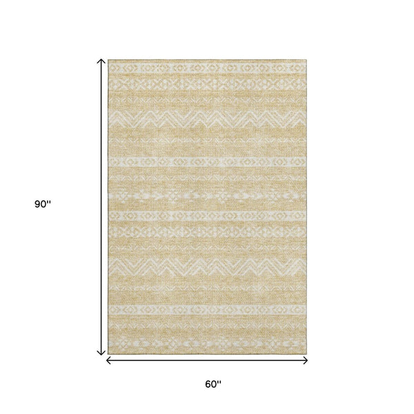HomeRoots 5' X 8' Southwestern Washable Area Rug – Gold & Beige Geometric Design with UV Protection & Durability 665887